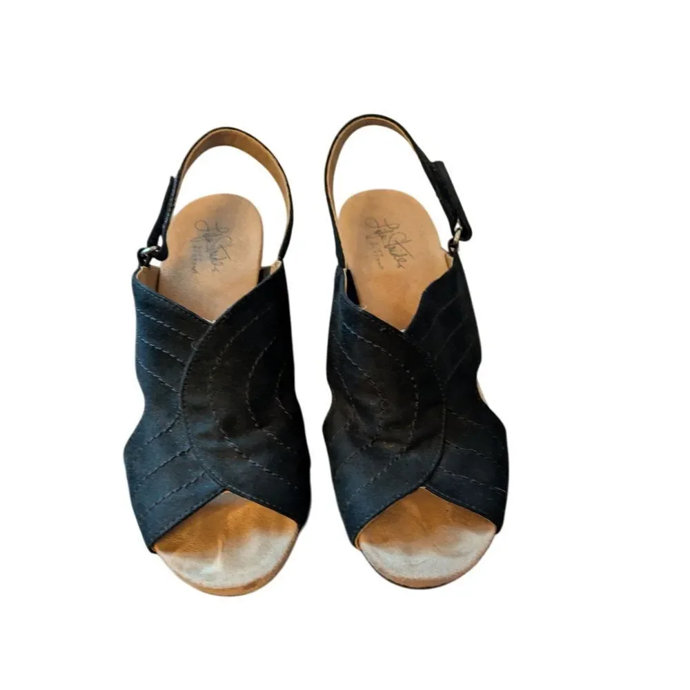 Life Stride Black Canvas Criss-Cross Slingback Wedge Sandals Cork Heel Summer‎